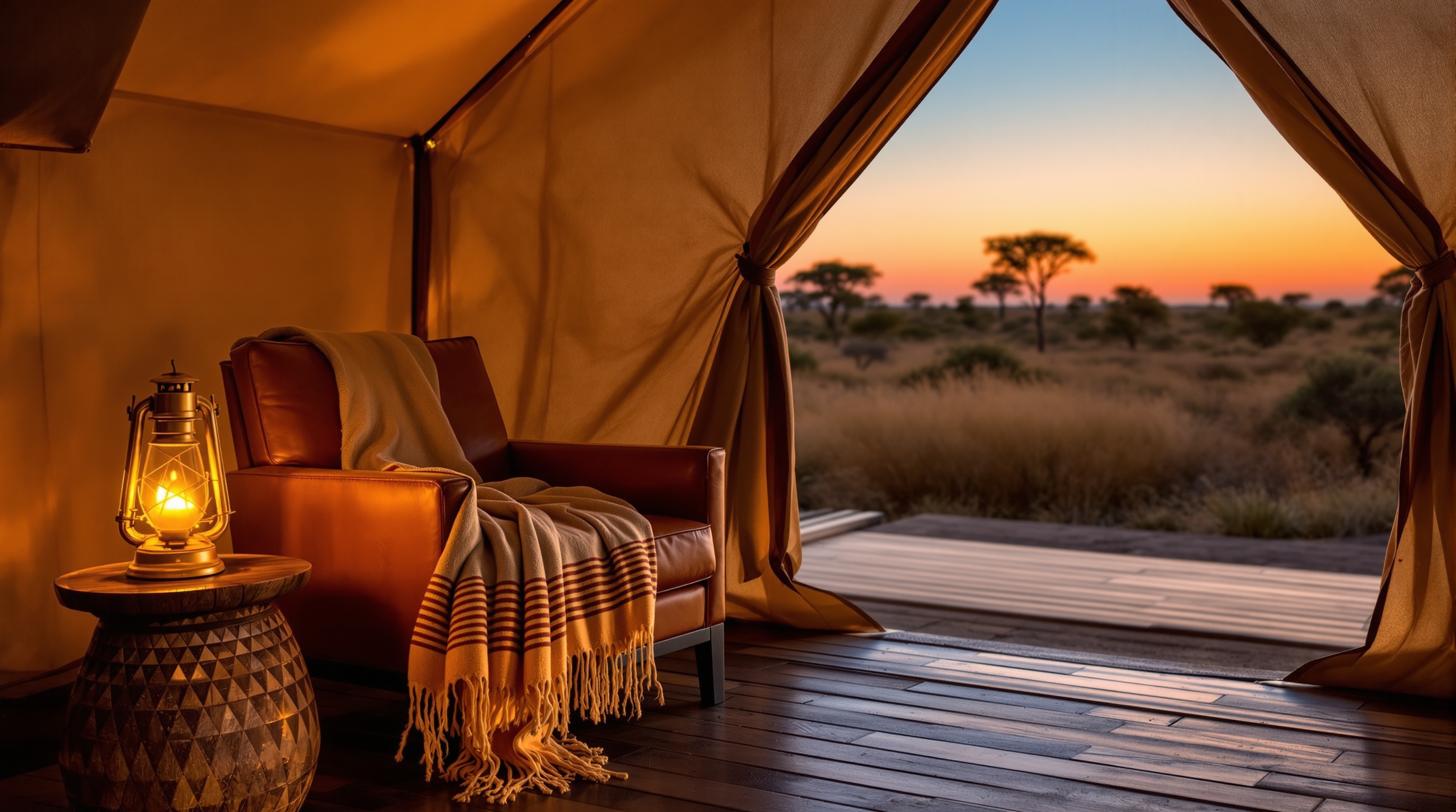 A lodge interior at dusk — canvas walls, brass lamps, the fire just lit. No people.